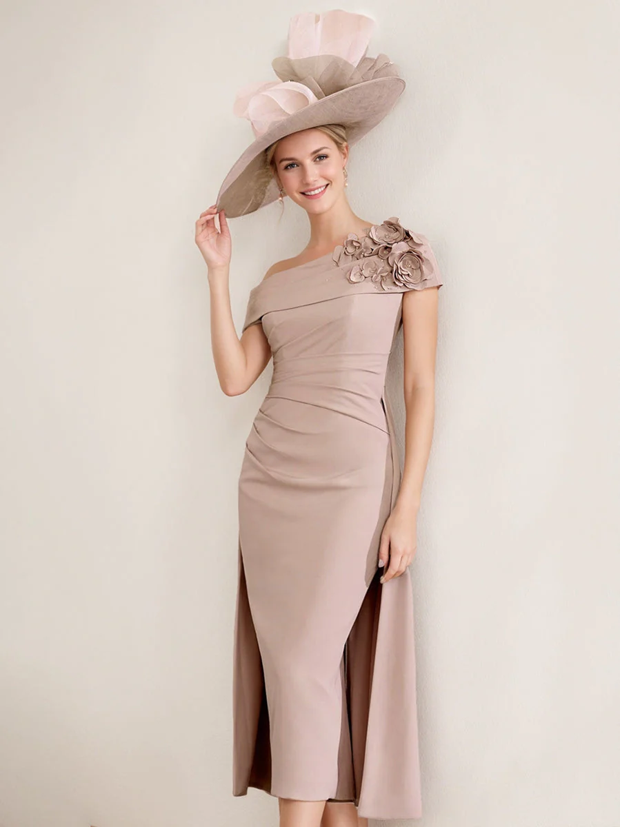 Sheath/Column Off-the-Shoulder Pleated Tea-Length Mother of the Bride Dresses with 3D Flower - Image 3
