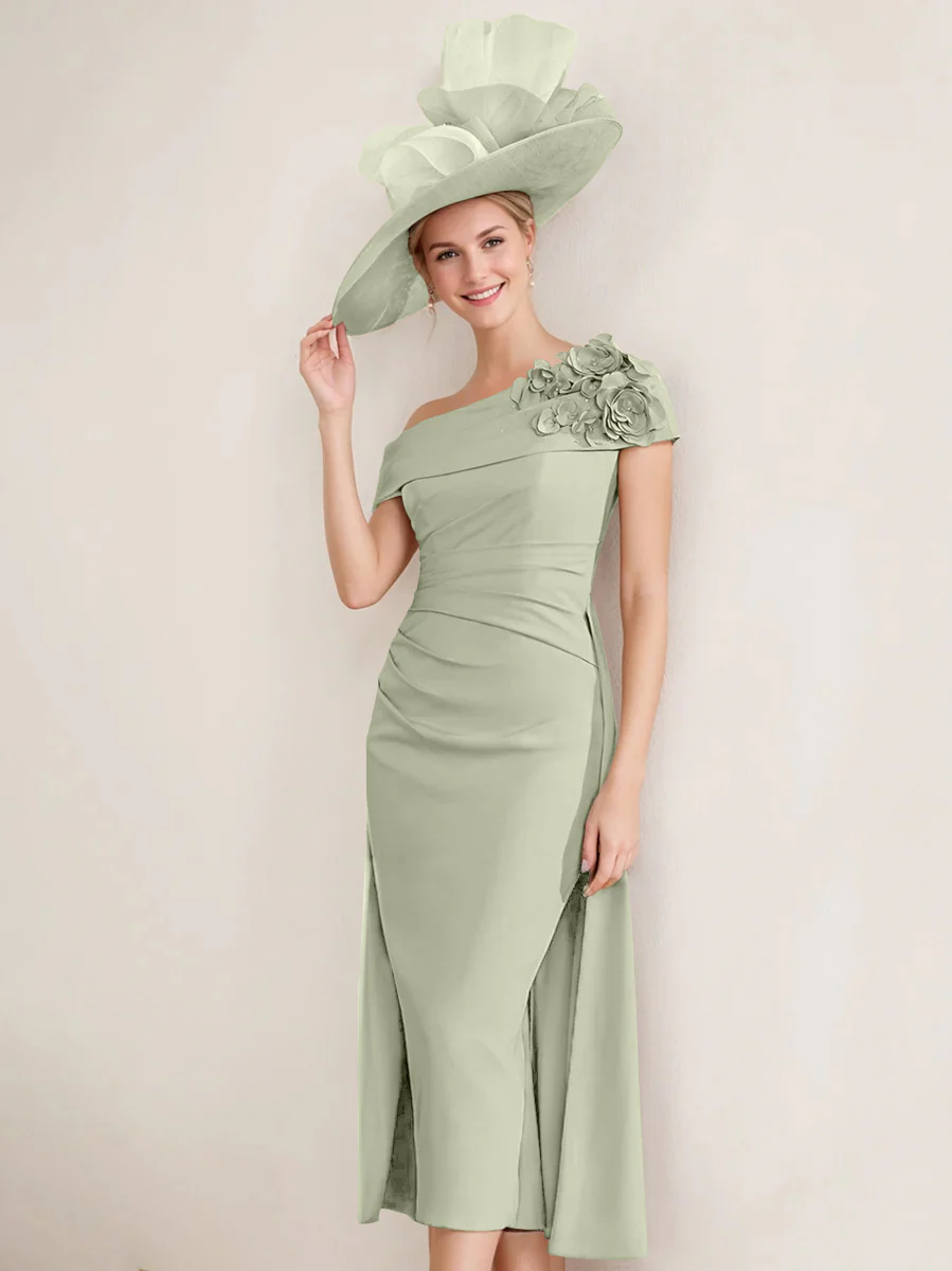 Sheath/Column Off-the-Shoulder Pleated Tea-Length Mother of the Bride Dresses with 3D Flower - Image 33