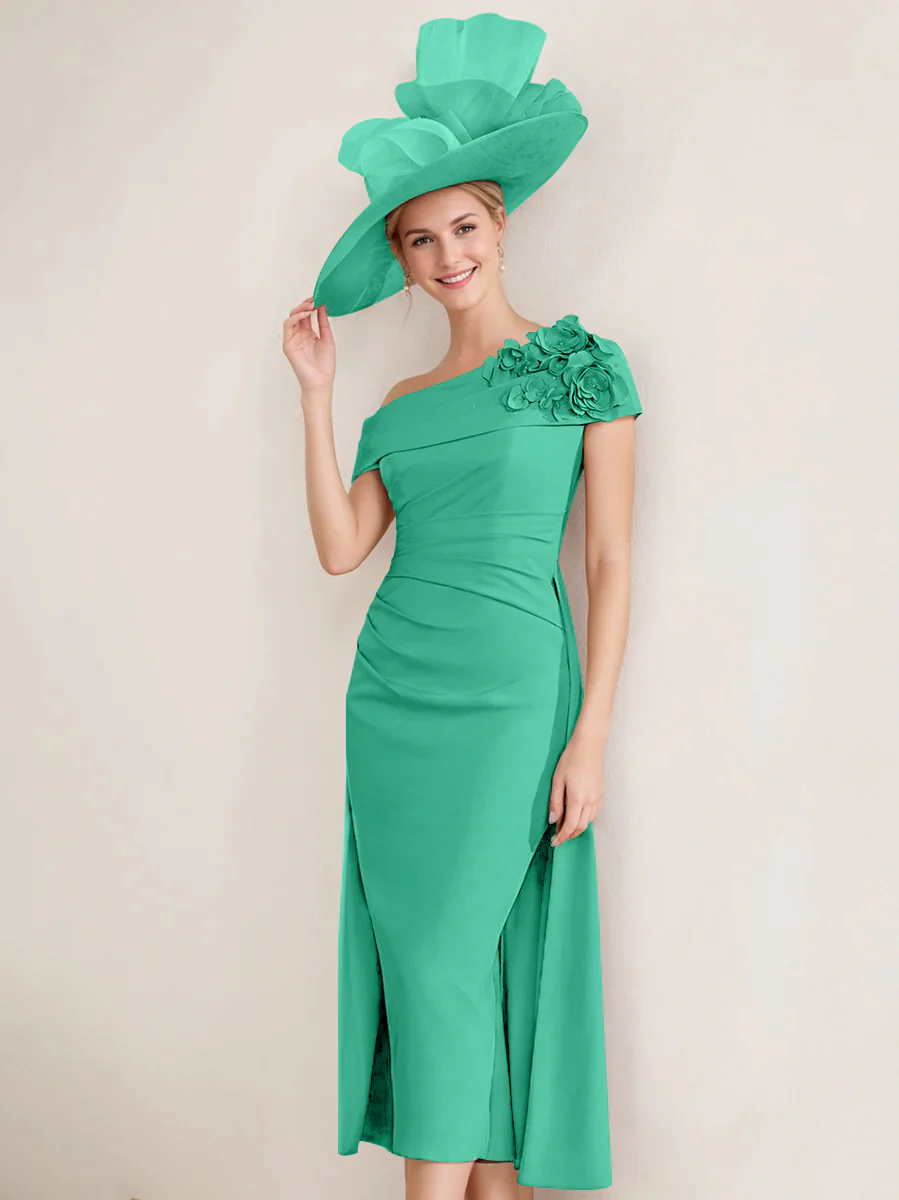 Sheath/Column Off-the-Shoulder Pleated Tea-Length Mother of the Bride Dresses with 3D Flower - Image 36