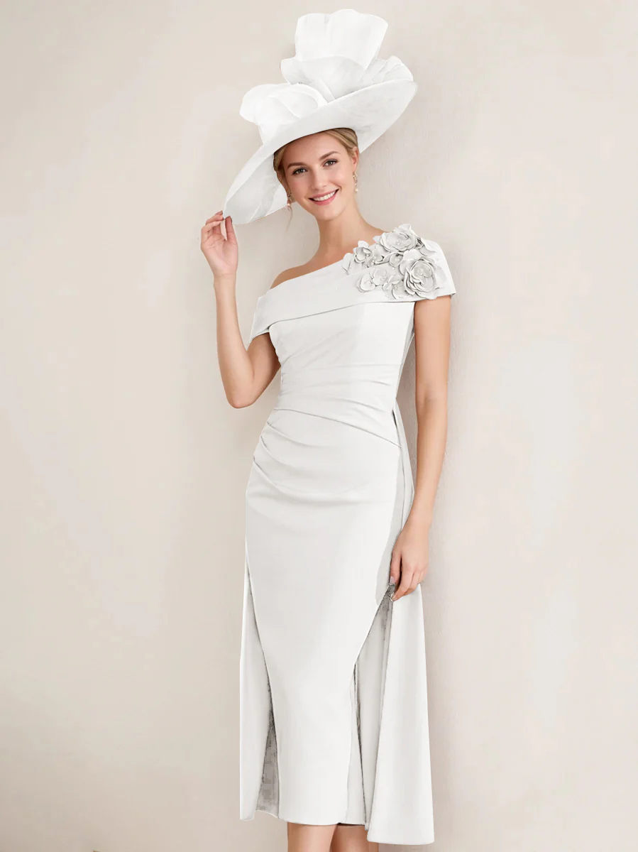 Sheath/Column Off-the-Shoulder Pleated Tea-Length Mother of the Bride Dresses with 3D Flower - Image 38