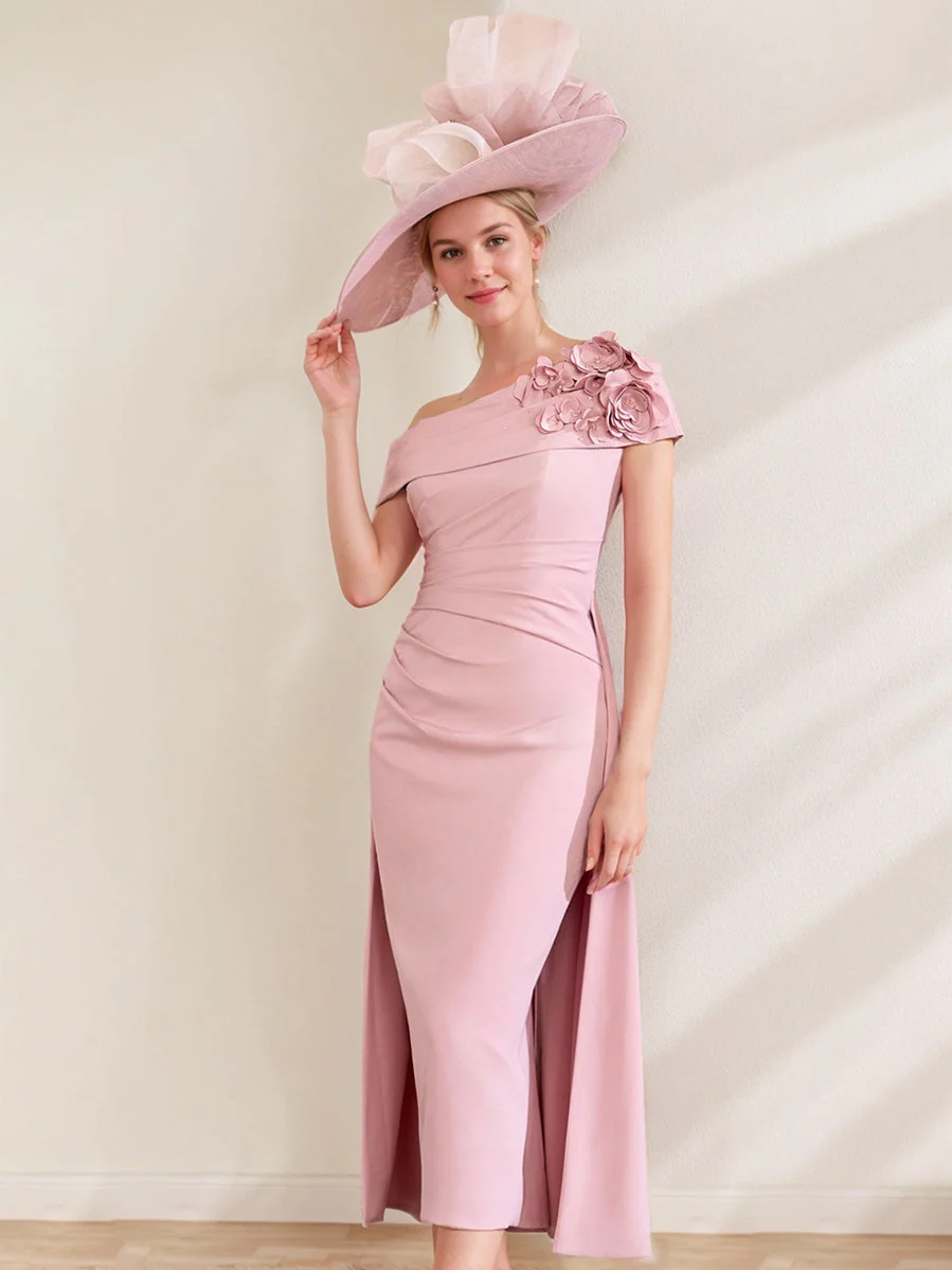 Sheath/Column Off-the-Shoulder Pleated Tea-Length Mother of the Bride Dresses with 3D Flower - Image 4