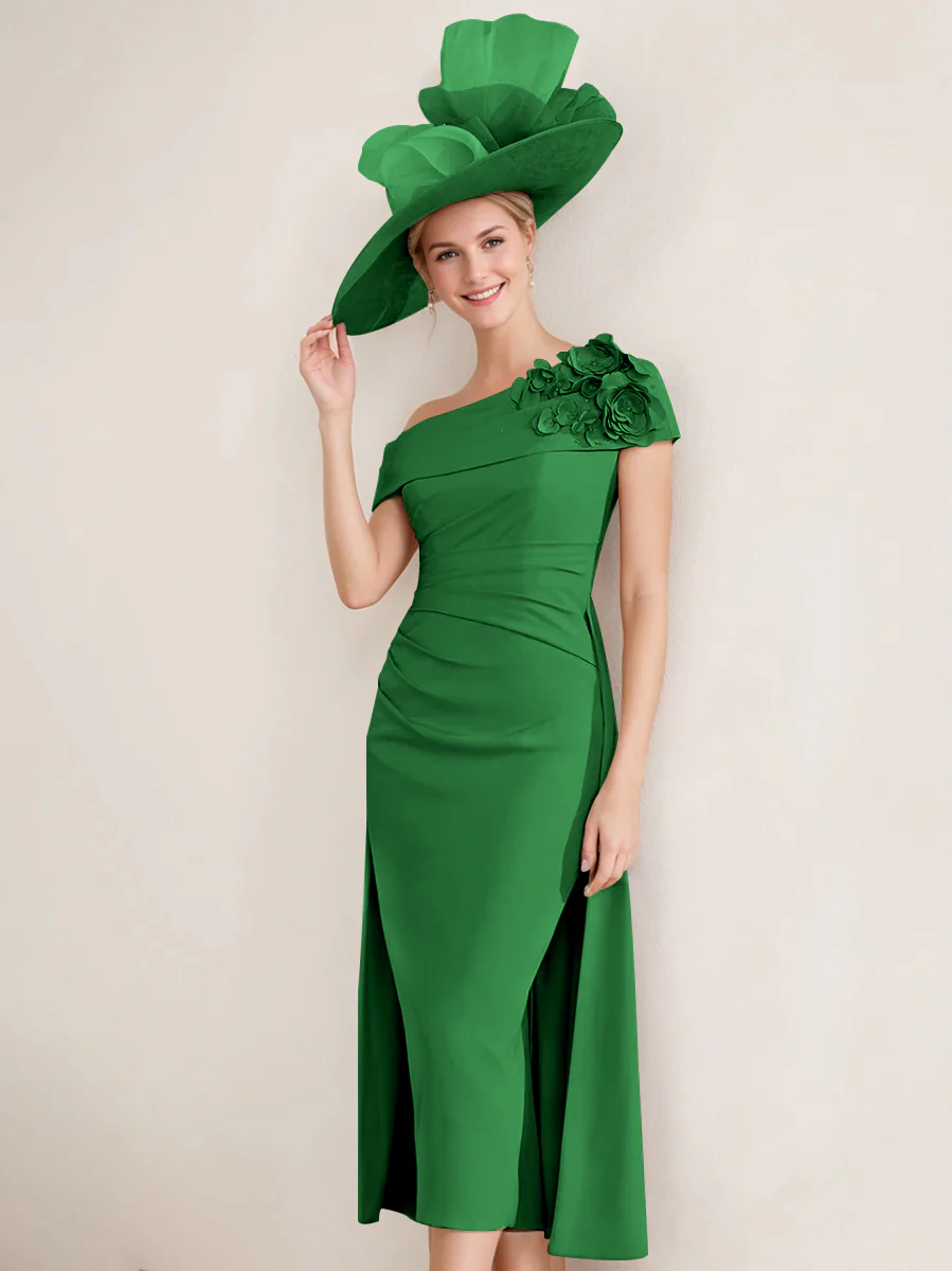 Sheath/Column Off-the-Shoulder Pleated Tea-Length Mother of the Bride Dresses with 3D Flower - Image 6