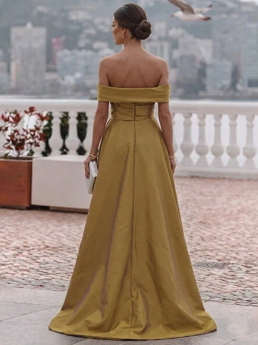 Sheath/Column Off-the-Shoulder Satin Evening Dresses Short Sleeves Floor-Length Party Dresses with Split Side Overskirts Beading - Image 2