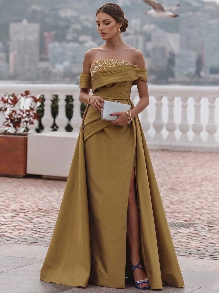 Sheath/Column Off-the-Shoulder Satin Evening Dresses Short Sleeves Floor-Length Party Dresses with Split Side Overskirts Beading - Image 3