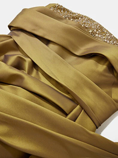 Sheath/Column Off-the-Shoulder Satin Evening Dresses Short Sleeves Floor-Length Party Dresses with Split Side Overskirts Beading - Image 4