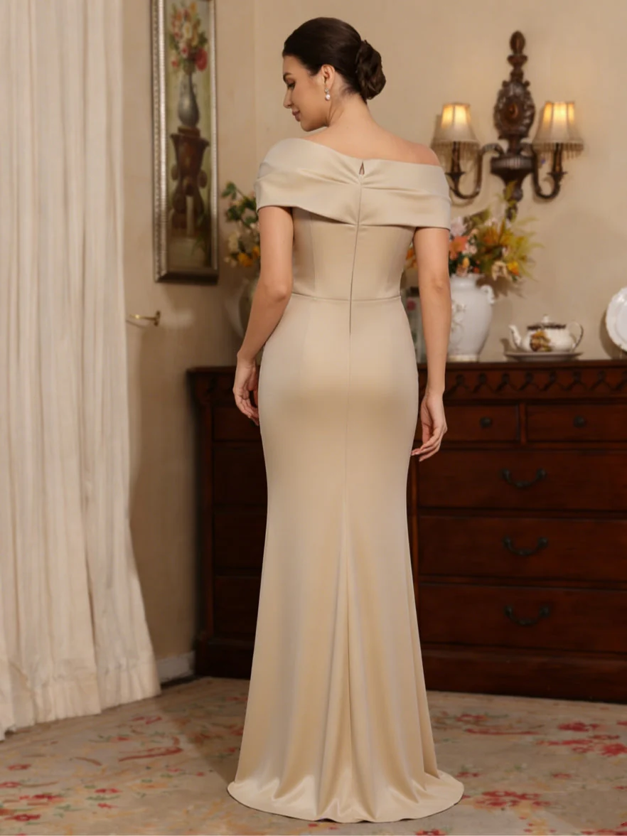 Sheath/Column Off-the-Shoulder Satin Mother of the Bride Dresses with Split Side Sleeveless Floor-Length Ruched - Image 2