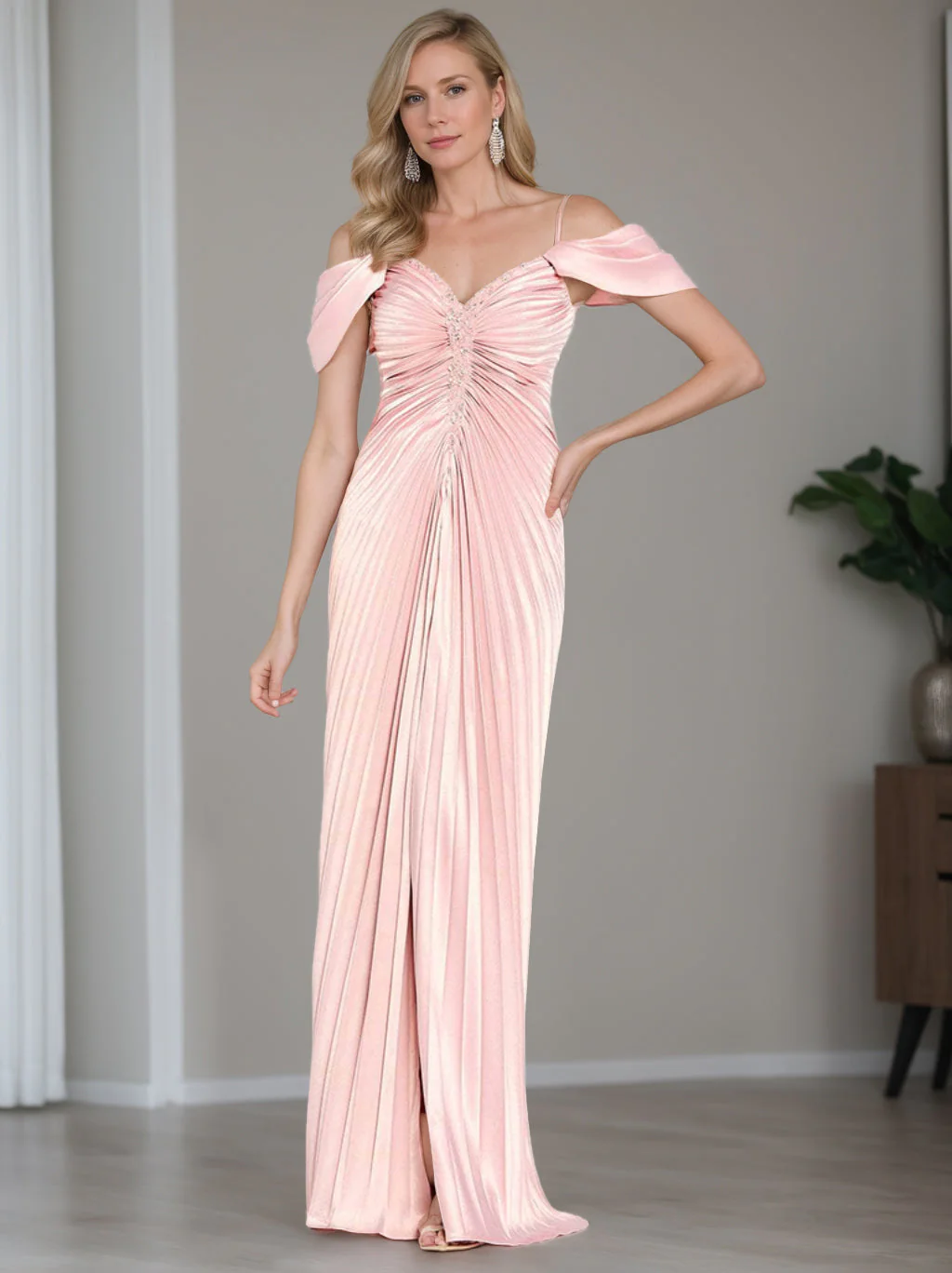Sheath/Column Off-the-Shoulder Scoop Short Sleeves Floor-Length Mother of The Bride Dresses With Ruffles - Image 3