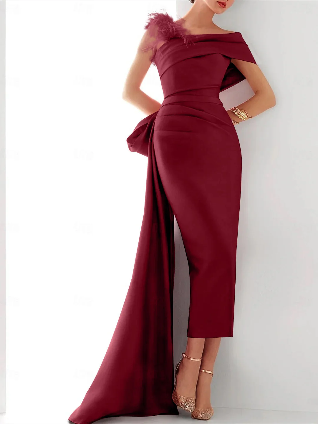 Sheath/Column Off-the-Shoulder Short Sleeves Ankle-Length Mother of the Bride Dresses with Watteau Train - Image 4