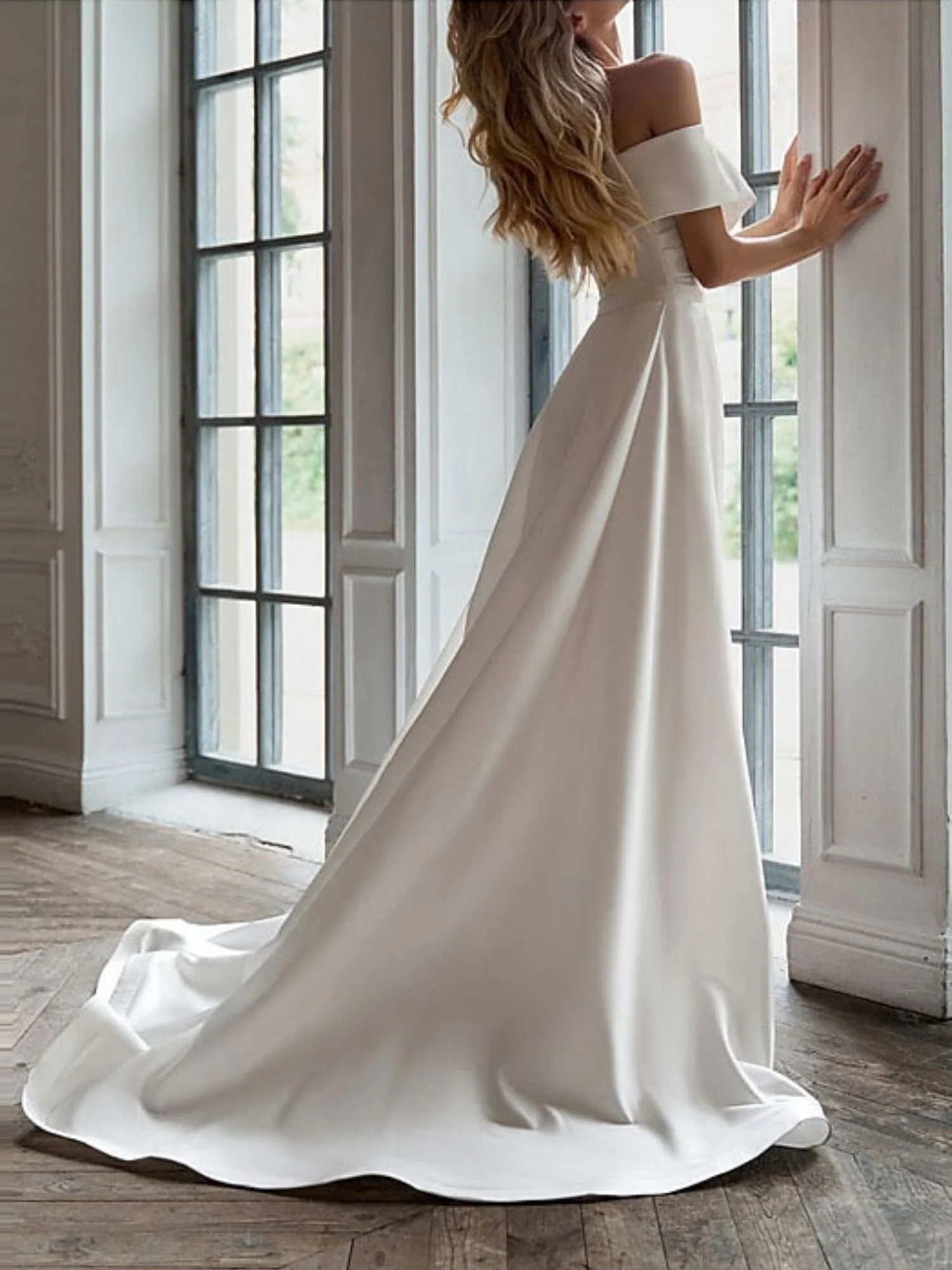 Sheath/Column Off-the-shoulder Short Sleeves Elegant Wedding Dress with Ruffle - Image 3
