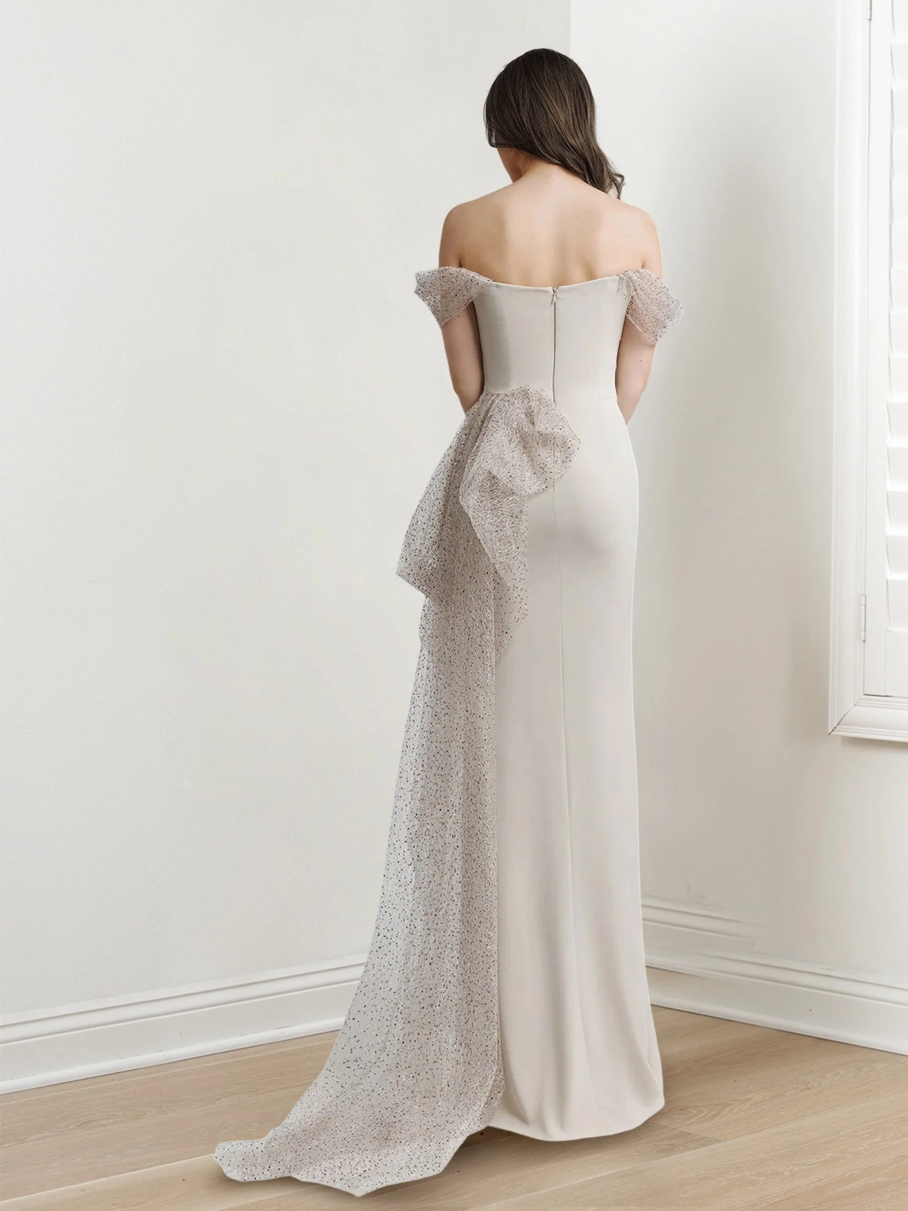 Sheath/Column Off-The-Shoulder Short Sleeves Floor-Length Long Evening Dresses with Split Side - Image 2
