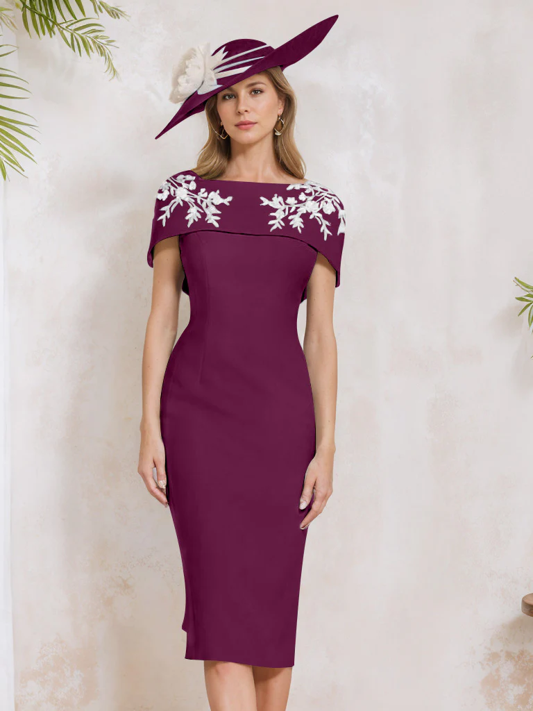 Sheath/Column Off-the-Shoulder Short Sleeves Tea-Length Mother of the Bride Dresses with Appliques, Embroidery, Bowknot & Pearls - Image 32