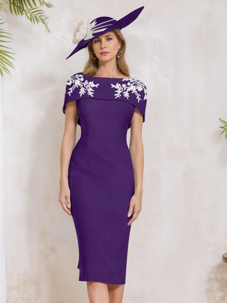 Sheath/Column Off-the-Shoulder Short Sleeves Tea-Length Mother of the Bride Dresses with Appliques, Embroidery, Bowknot & Pearls - Image 36