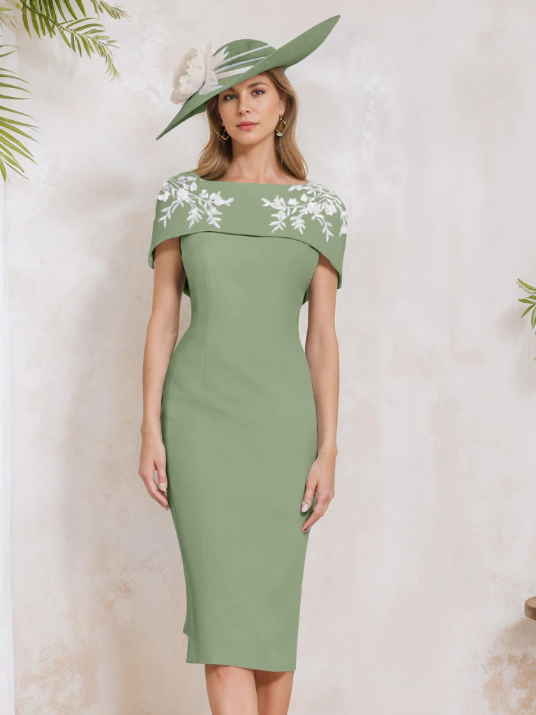 Sheath/Column Off-the-Shoulder Short Sleeves Tea-Length Mother of the Bride Dresses with Appliques, Embroidery, Bowknot & Pearls - Image 39
