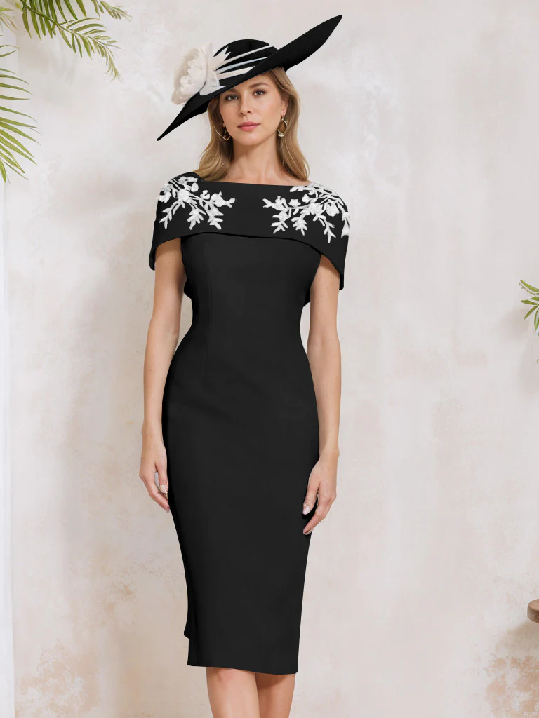 Sheath/Column Off-the-Shoulder Short Sleeves Tea-Length Mother of the Bride Dresses with Appliques, Embroidery, Bowknot & Pearls - Image 4