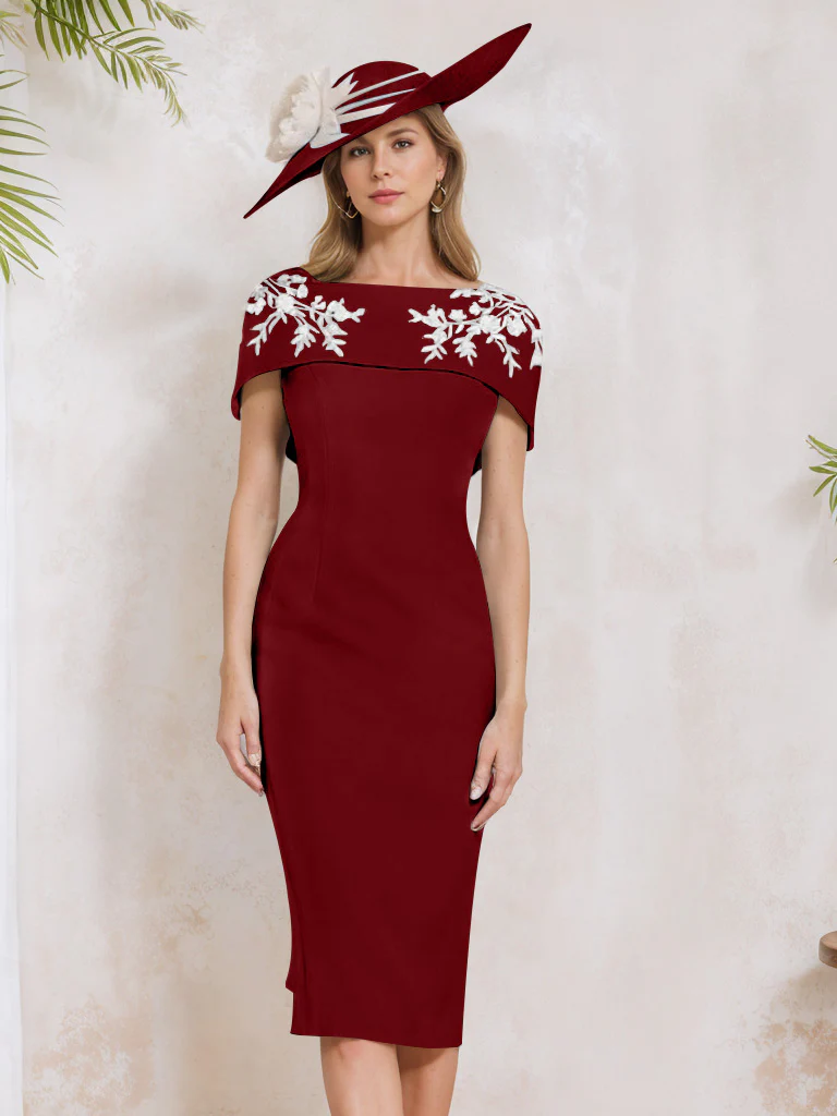 Sheath/Column Off-the-Shoulder Short Sleeves Tea-Length Mother of the Bride Dresses with Appliques, Embroidery, Bowknot & Pearls - Image 48