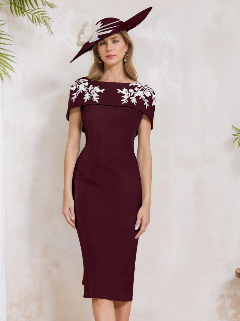 Sheath/Column Off-the-Shoulder Short Sleeves Tea-Length Mother of the Bride Dresses with Appliques, Embroidery, Bowknot & Pearls - Image 5