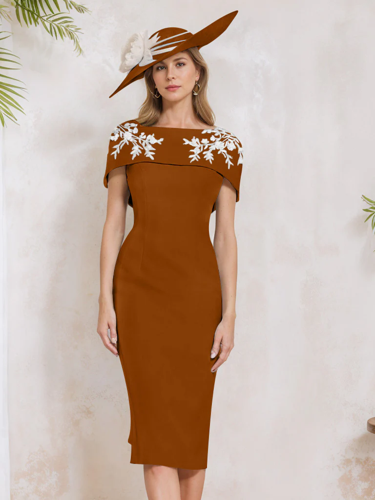 Sheath/Column Off-the-Shoulder Short Sleeves Tea-Length Mother of the Bride Dresses with Appliques, Embroidery, Bowknot & Pearls - Image 6