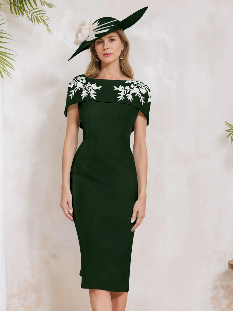 Sheath/Column Off-the-Shoulder Short Sleeves Tea-Length Mother of the Bride Dresses with Appliques, Embroidery, Bowknot & Pearls - Image 8