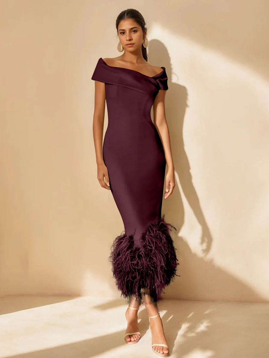 Sheath/Column Off-the-Shoulder Short Sleeves Tea-Length Unique Mother of the Bride Dresses with Feathers - Image 10