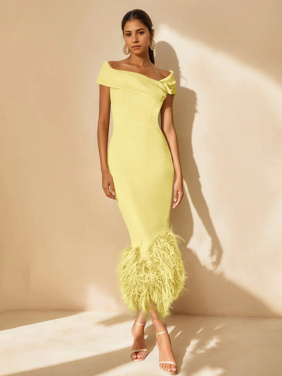 Sheath/Column Off-the-Shoulder Short Sleeves Tea-Length Unique Mother of the Bride Dresses with Feathers - Image 12