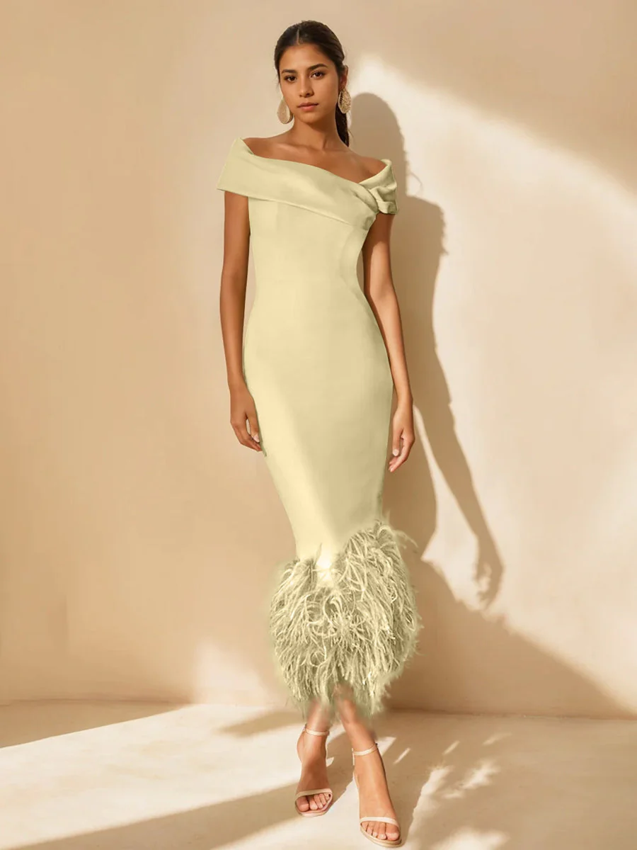 Sheath/Column Off-the-Shoulder Short Sleeves Tea-Length Unique Mother of the Bride Dresses with Feathers - Image 13
