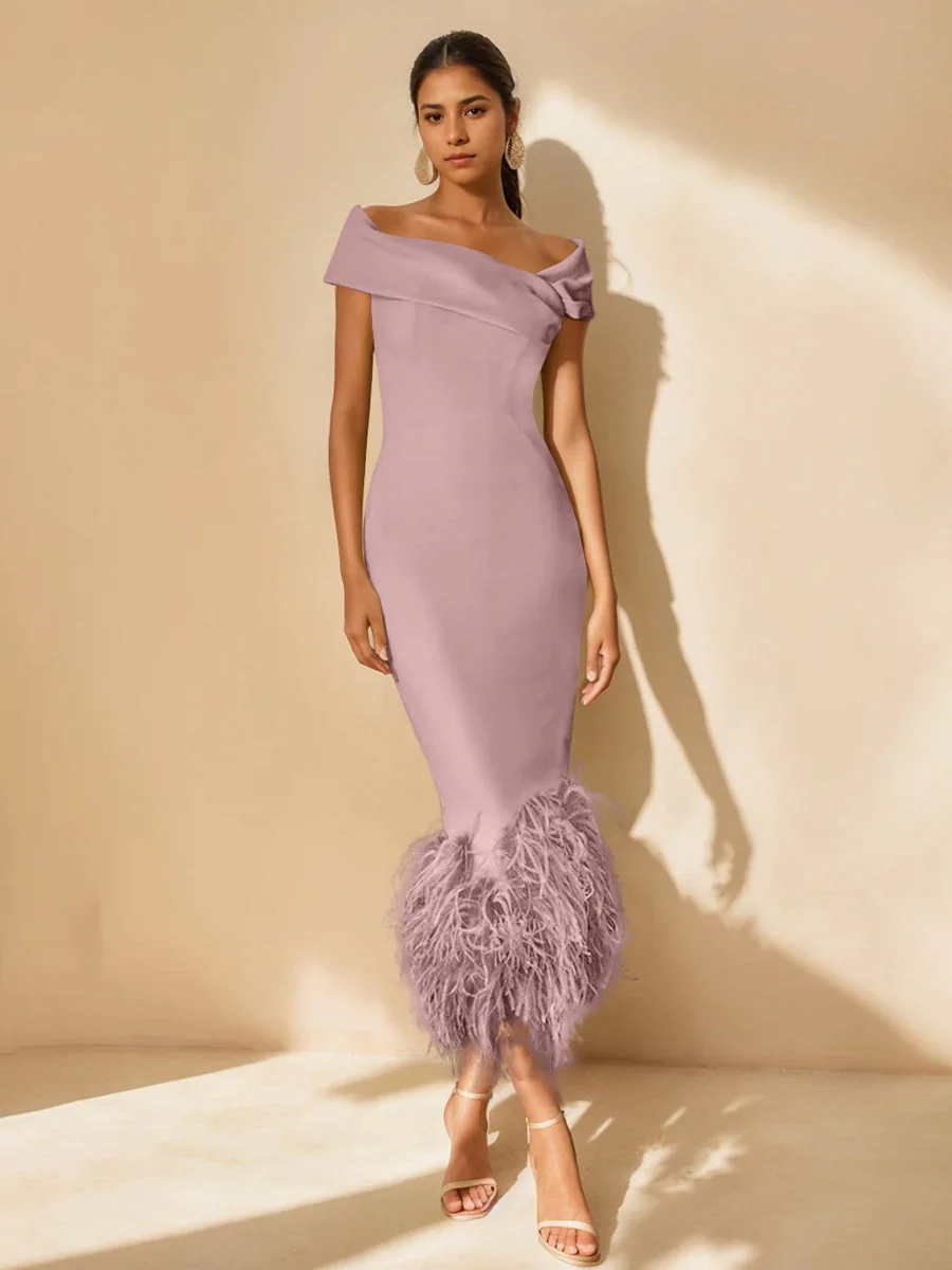 Sheath/Column Off-the-Shoulder Short Sleeves Tea-Length Unique Mother of the Bride Dresses with Feathers - Image 14