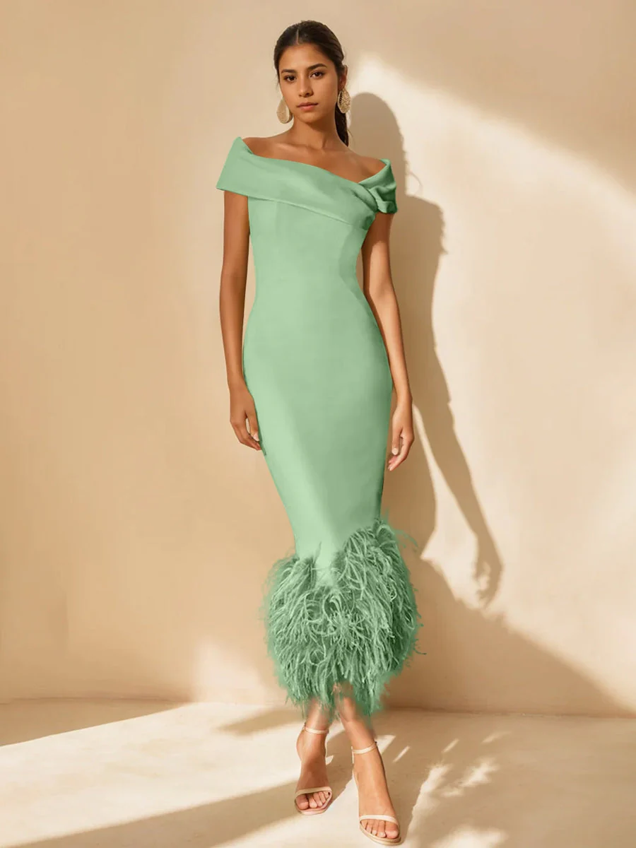 Sheath/Column Off-the-Shoulder Short Sleeves Tea-Length Unique Mother of the Bride Dresses with Feathers - Image 16
