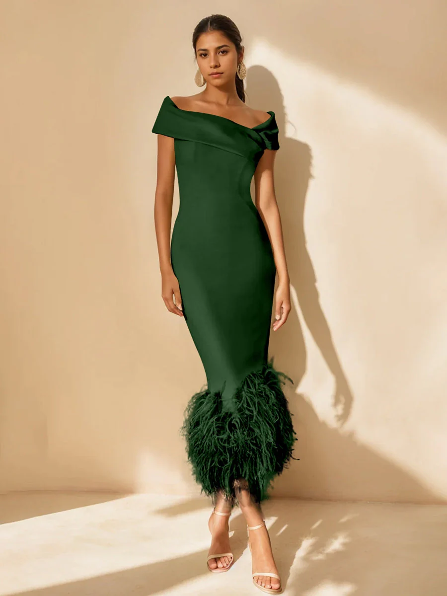 Sheath/Column Off-the-Shoulder Short Sleeves Tea-Length Unique Mother of the Bride Dresses with Feathers - Image 17