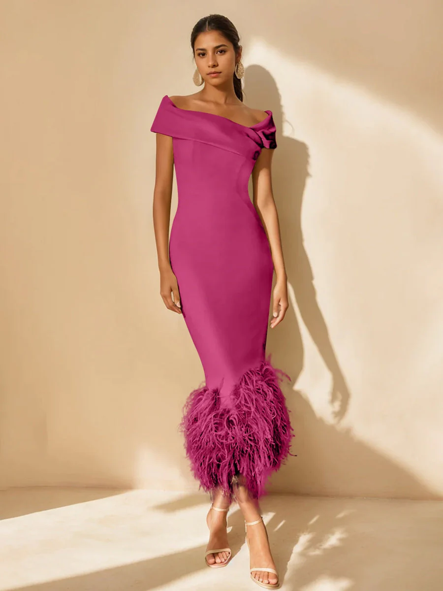Sheath/Column Off-the-Shoulder Short Sleeves Tea-Length Unique Mother of the Bride Dresses with Feathers - Image 18