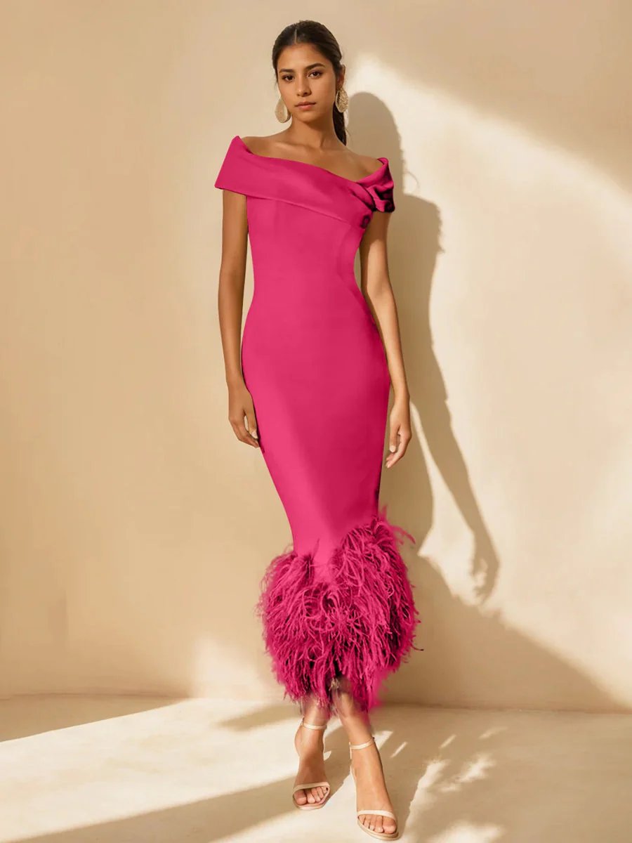 Sheath/Column Off-the-Shoulder Short Sleeves Tea-Length Unique Mother of the Bride Dresses with Feathers - Image 19