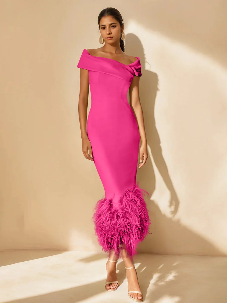 Sheath/Column Off-the-Shoulder Short Sleeves Tea-Length Unique Mother of the Bride Dresses with Feathers - Image 22
