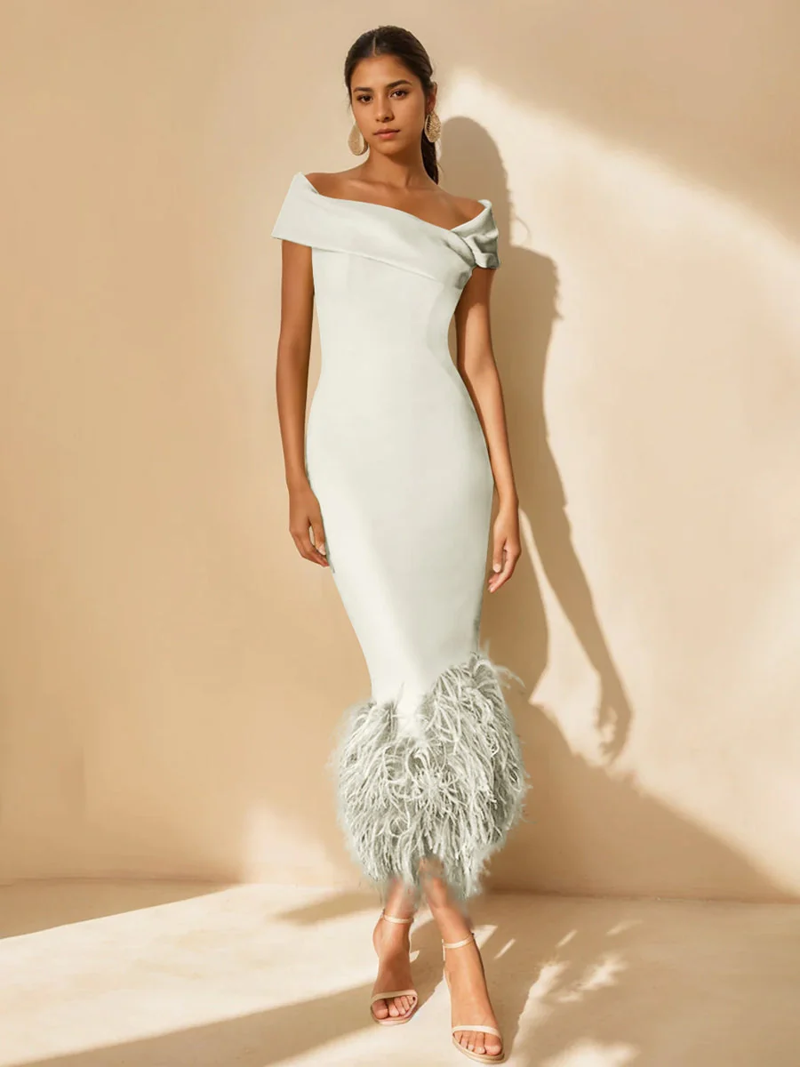 Sheath/Column Off-the-Shoulder Short Sleeves Tea-Length Unique Mother of the Bride Dresses with Feathers - Image 23