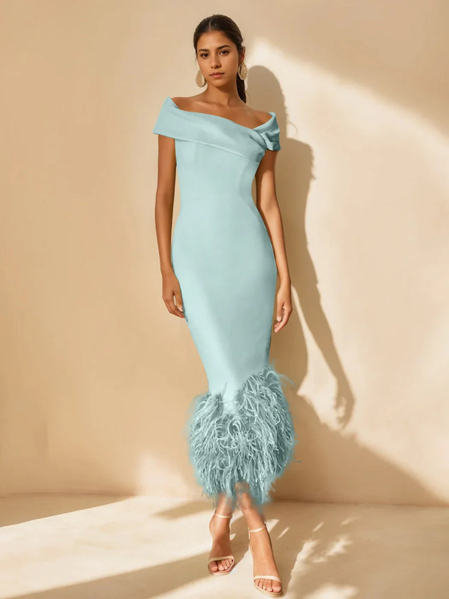 Sheath/Column Off-the-Shoulder Short Sleeves Tea-Length Unique Mother of the Bride Dresses with Feathers - Image 24