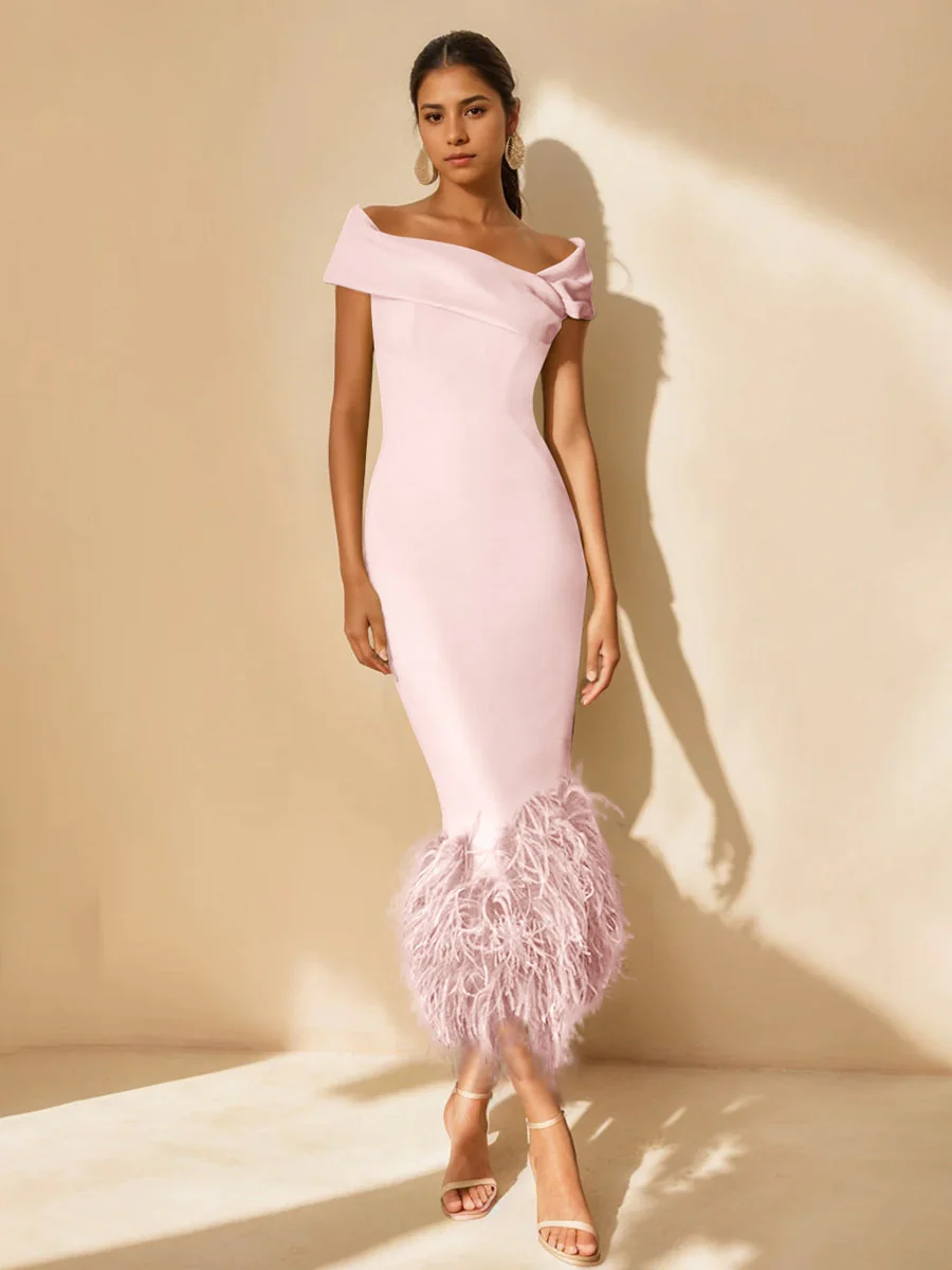 Sheath/Column Off-the-Shoulder Short Sleeves Tea-Length Unique Mother of the Bride Dresses with Feathers - Image 26