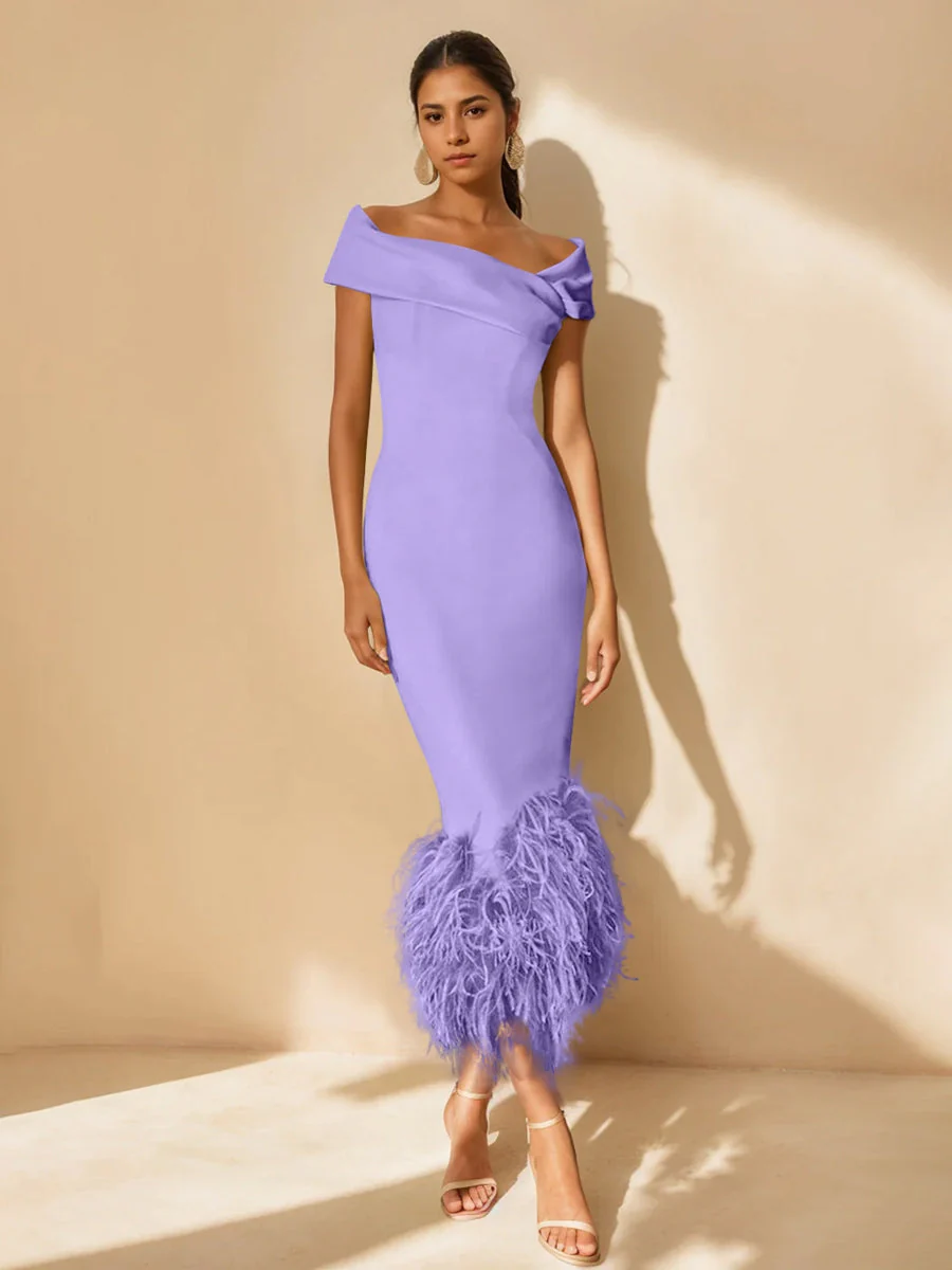 Sheath/Column Off-the-Shoulder Short Sleeves Tea-Length Unique Mother of the Bride Dresses with Feathers - Image 27