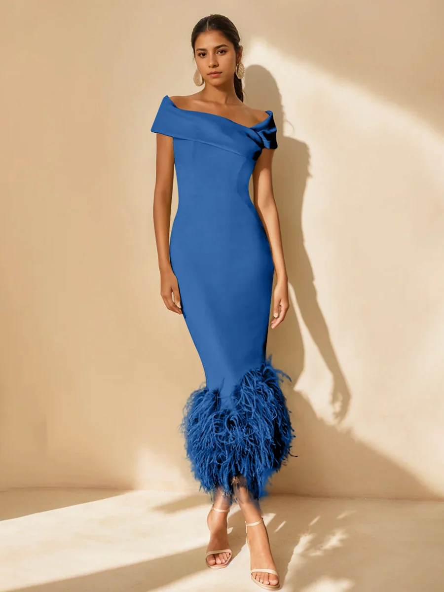 Sheath/Column Off-the-Shoulder Short Sleeves Tea-Length Unique Mother of the Bride Dresses with Feathers - Image 28