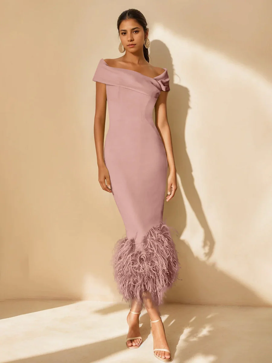 Sheath/Column Off-the-Shoulder Short Sleeves Tea-Length Unique Mother of the Bride Dresses with Feathers - Image 31