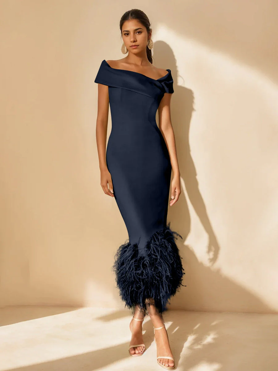 Sheath/Column Off-the-Shoulder Short Sleeves Tea-Length Unique Mother of the Bride Dresses with Feathers - Image 34