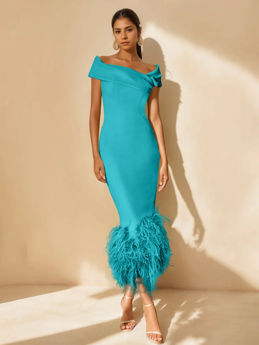 Sheath/Column Off-the-Shoulder Short Sleeves Tea-Length Unique Mother of the Bride Dresses with Feathers - Image 35
