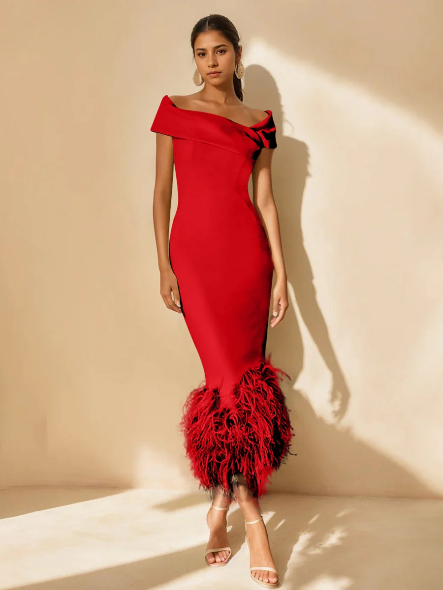 Sheath/Column Off-the-Shoulder Short Sleeves Tea-Length Unique Mother of the Bride Dresses with Feathers - Image 42