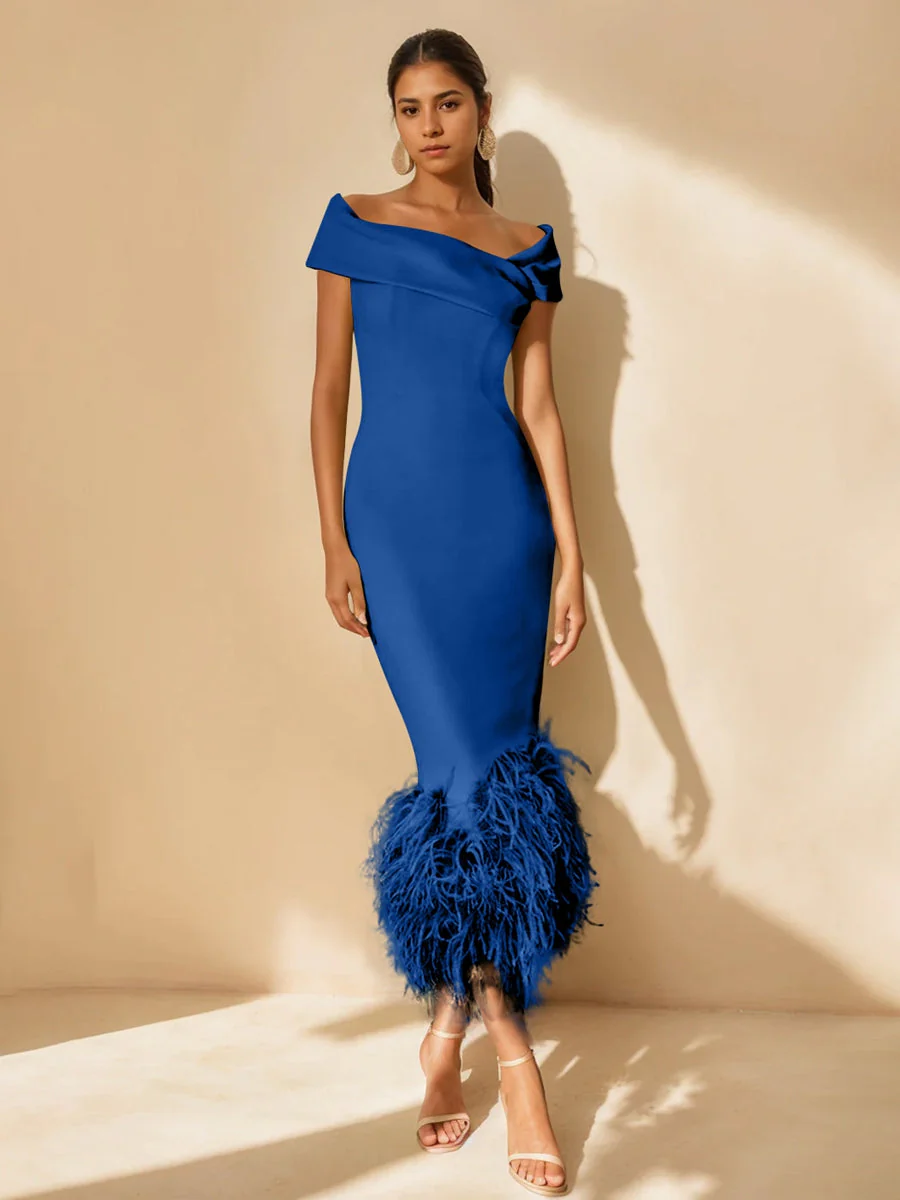 Sheath/Column Off-the-Shoulder Short Sleeves Tea-Length Unique Mother of the Bride Dresses with Feathers - Image 43