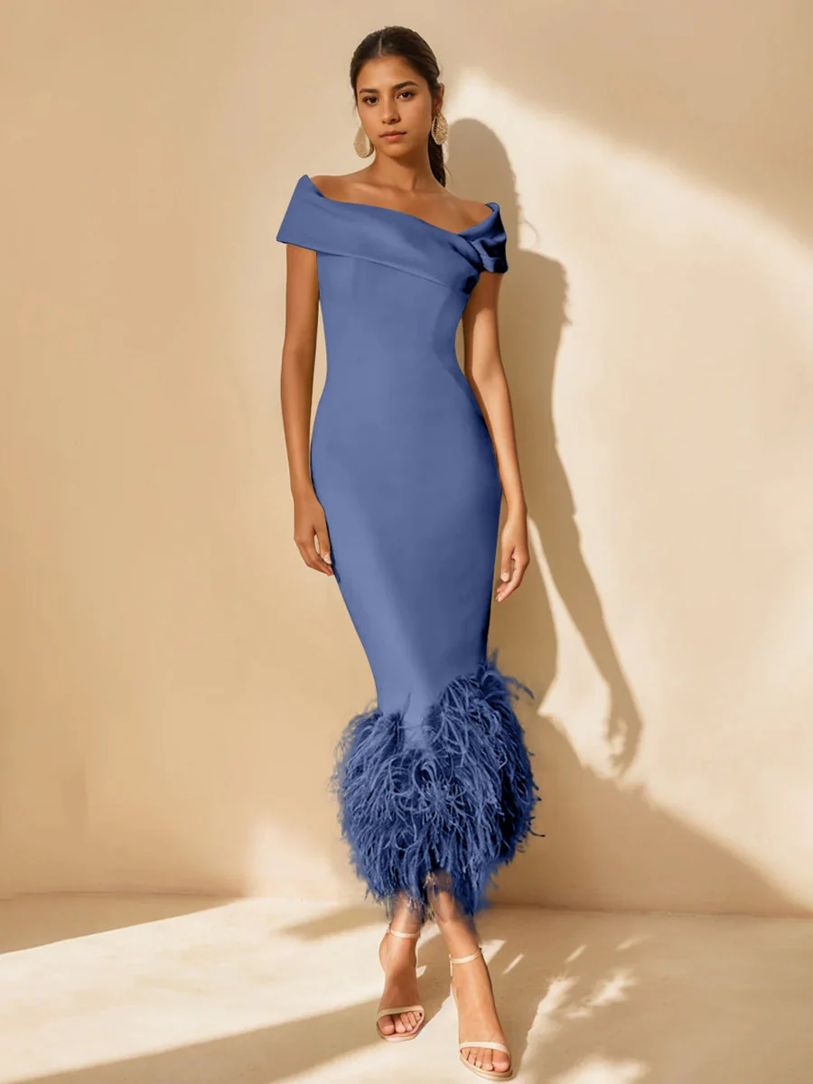 Sheath/Column Off-the-Shoulder Short Sleeves Tea-Length Unique Mother of the Bride Dresses with Feathers - Image 49