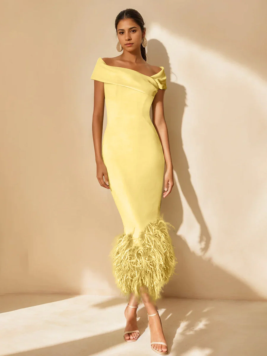 Sheath/Column Off-the-Shoulder Short Sleeves Tea-Length Unique Mother of the Bride Dresses with Feathers - Image 53