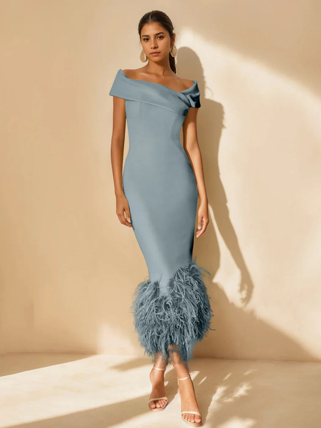 Sheath/Column Off-the-Shoulder Short Sleeves Tea-Length Unique Mother of the Bride Dresses with Feathers - Image 54
