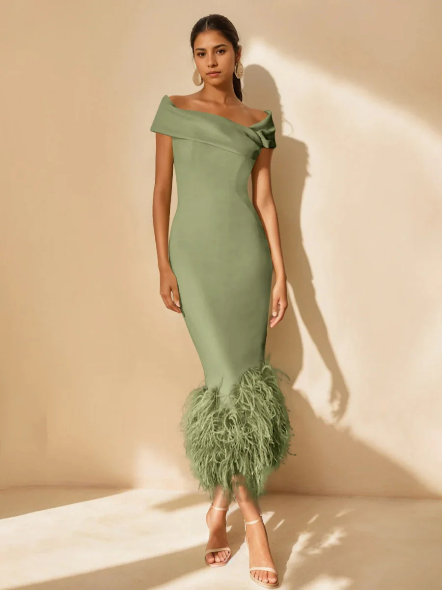 Sheath/Column Off-the-Shoulder Short Sleeves Tea-Length Unique Mother of the Bride Dresses with Feathers - Image 57