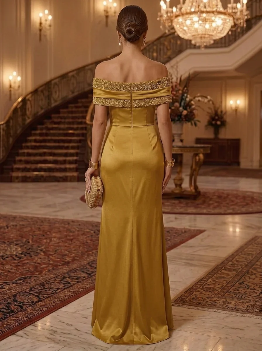 Sheath/Column Off-the-Shoulder Silk Satin Evening Dresses Sleeveless Sequins Ruched Floor-Length Formal Dresses - Image 2