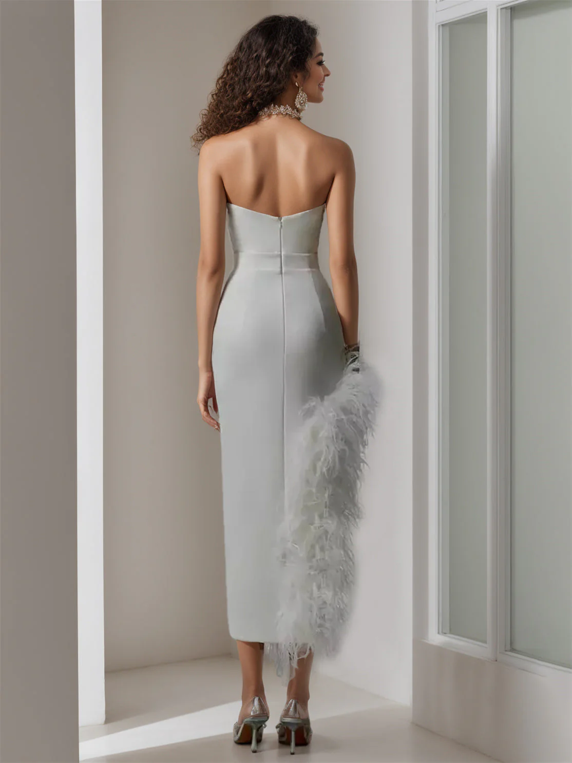 Sheath/Column Off-the-Shoulder Sleeveless Asymmetrical Wedding Dress With Pure Colour - Image 2