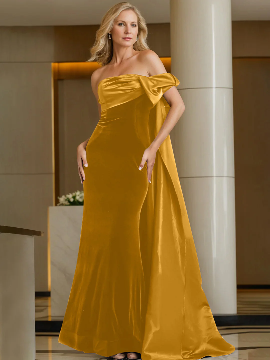 Sheath/Column Off-the-Shoulder Sleeveless Floor-Length Evening Dresses with Watteau Train - Image 7