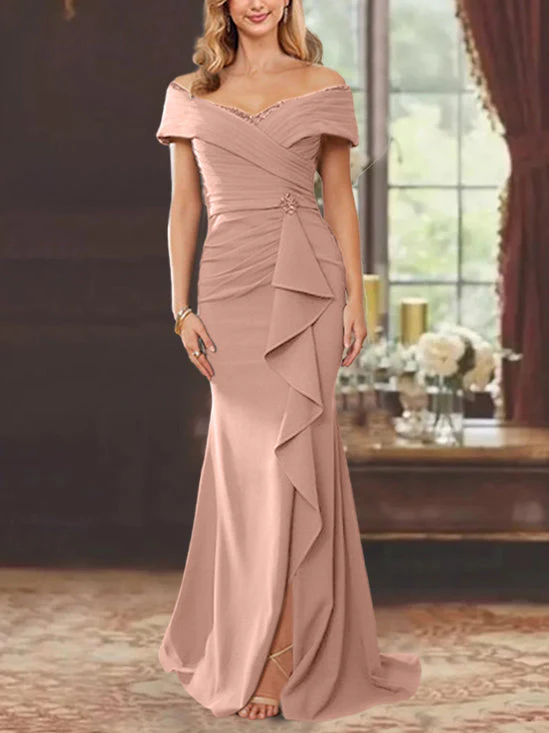Sheath/Column Off-the-Shoulder Sleeveless Floor-Length Mother of the Bride Dresses With Ruffles - Image 10