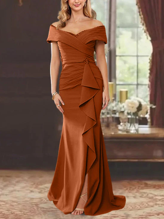 Sheath/Column Off-the-Shoulder Sleeveless Floor-Length Mother of the Bride Dresses With Ruffles - Image 12